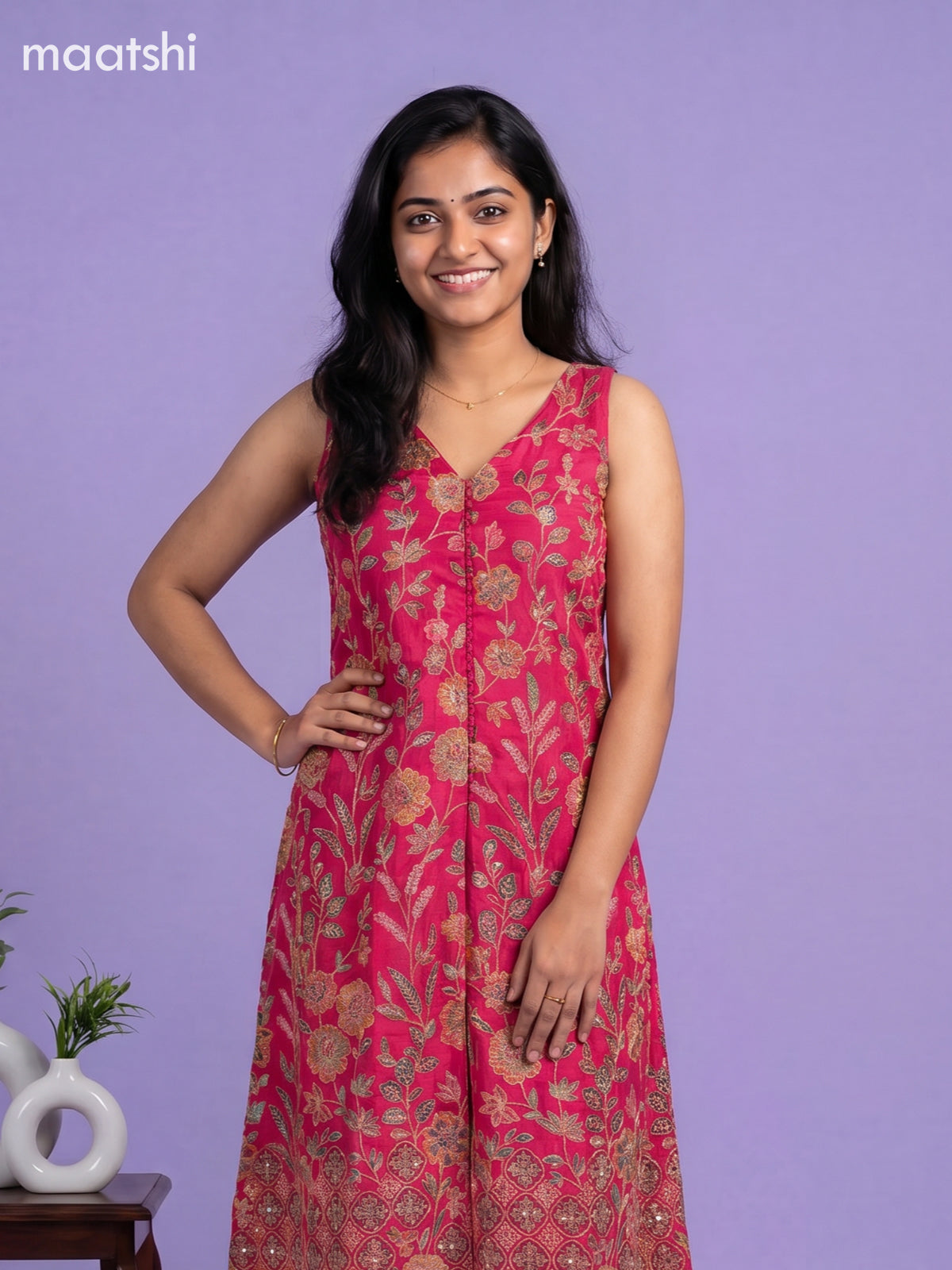 Pink Art Tussar Embroidery Work Anarkali Suit