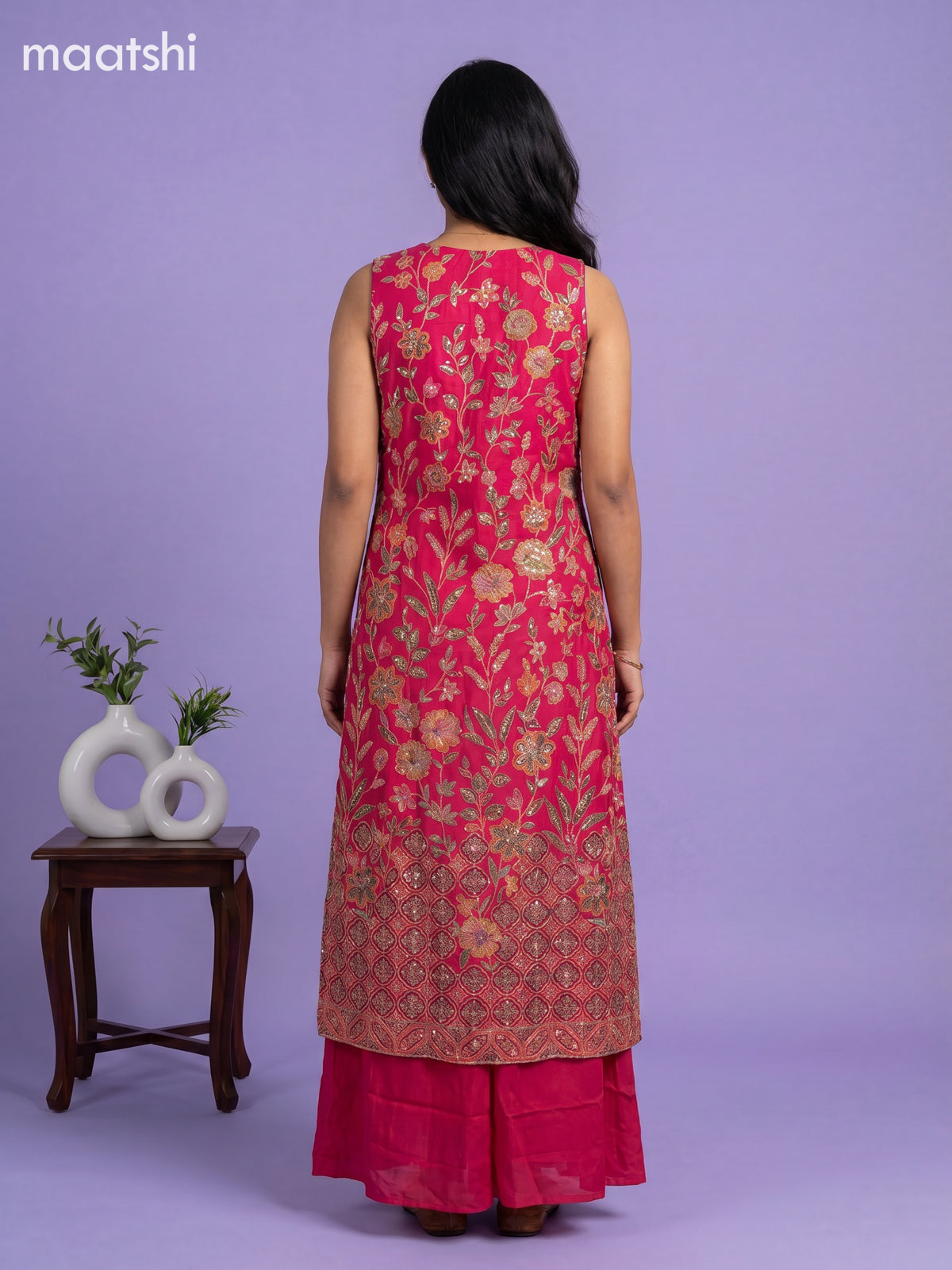 Pink Art Tussar Embroidery Work Anarkali Suit