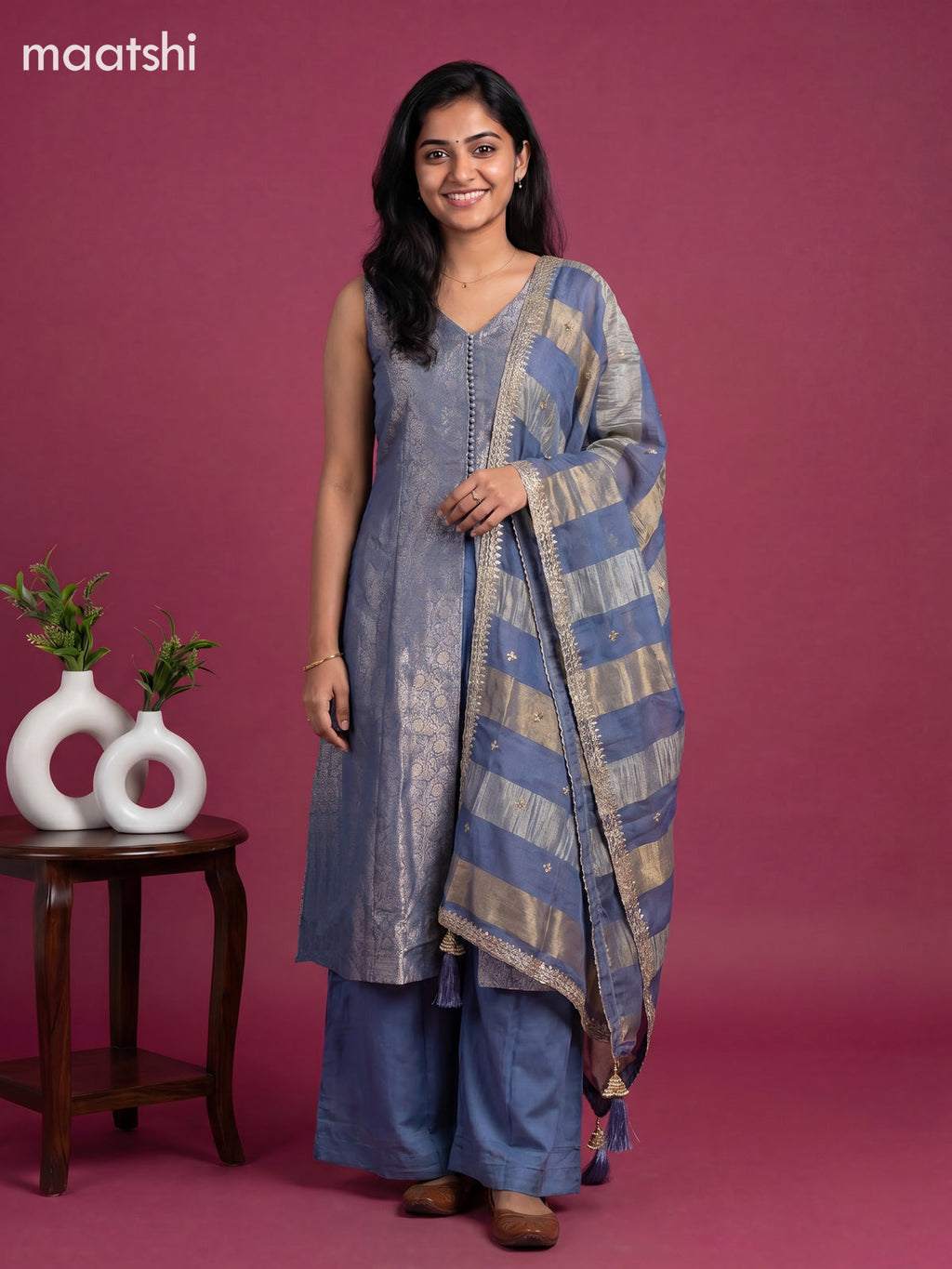 Dark Grey Art Tussar Banarasi Style Anarkali Suit