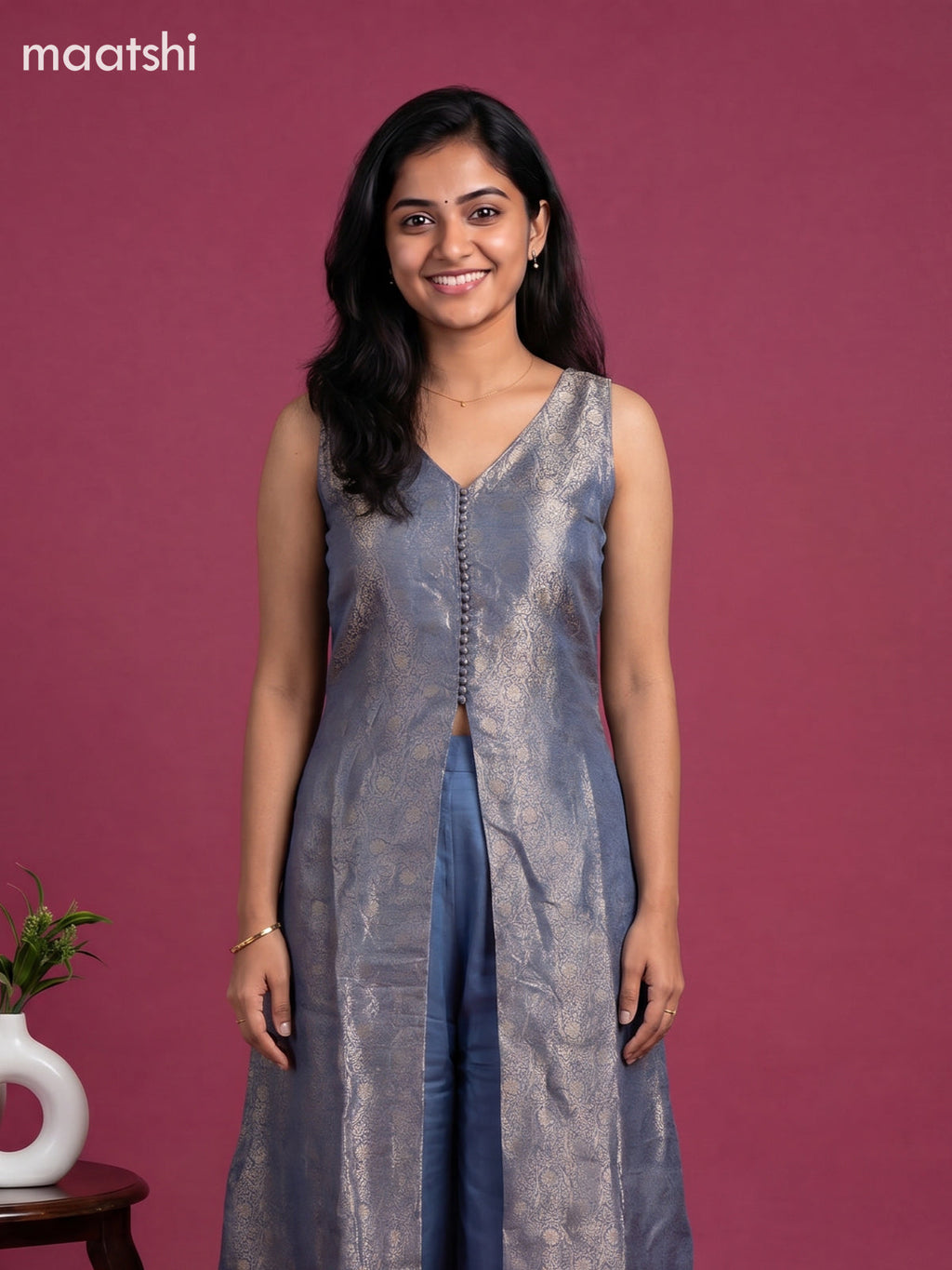 Dark Grey Art Tussar Banarasi Style Anarkali Suit