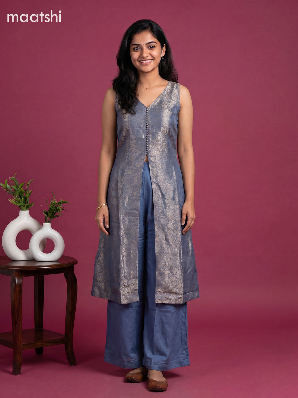 Dark Grey Art Tussar Banarasi Style Anarkali Suit
