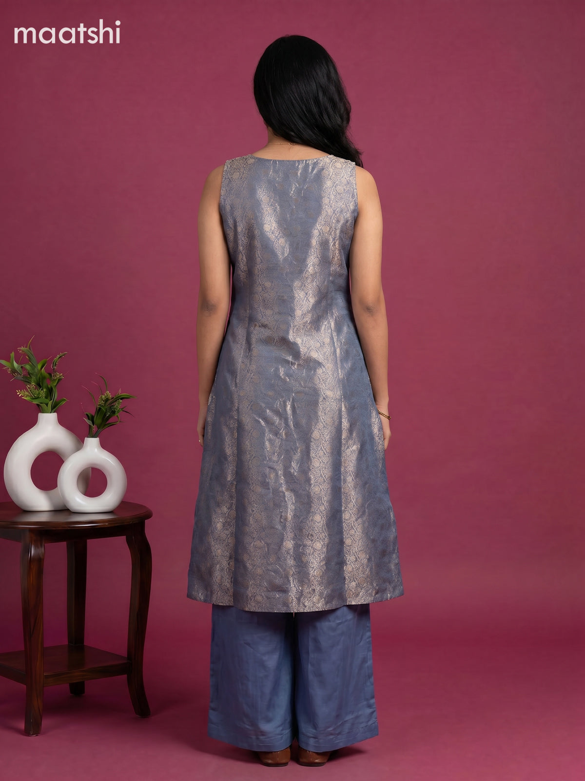 Dark Grey Art Tussar Banarasi Style Anarkali Suit