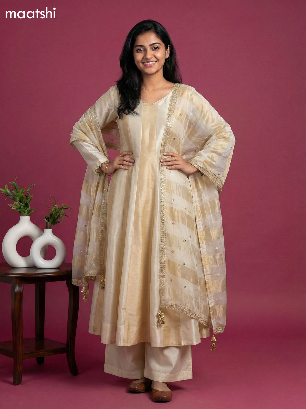 Cream and Gold Art Silk Party Wear Embroidery Work Anarkali Suit
