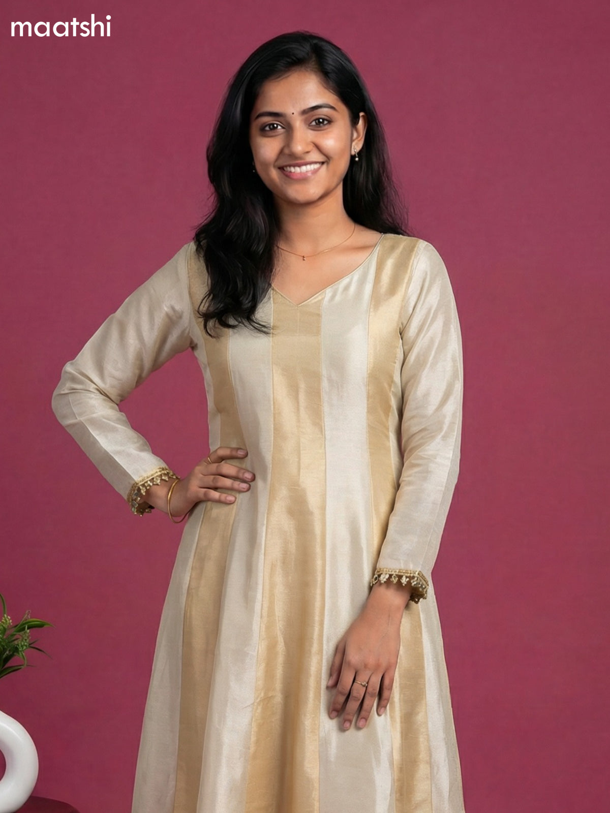 Cream and Gold Art Silk Party Wear Embroidery Work Anarkali Suit
