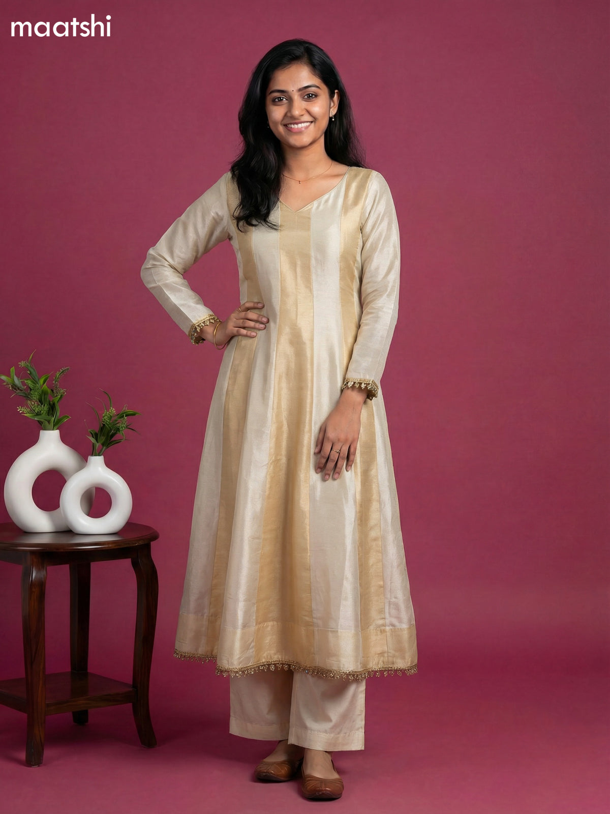 Cream and Gold Art Silk Party Wear Embroidery Work Anarkali Suit