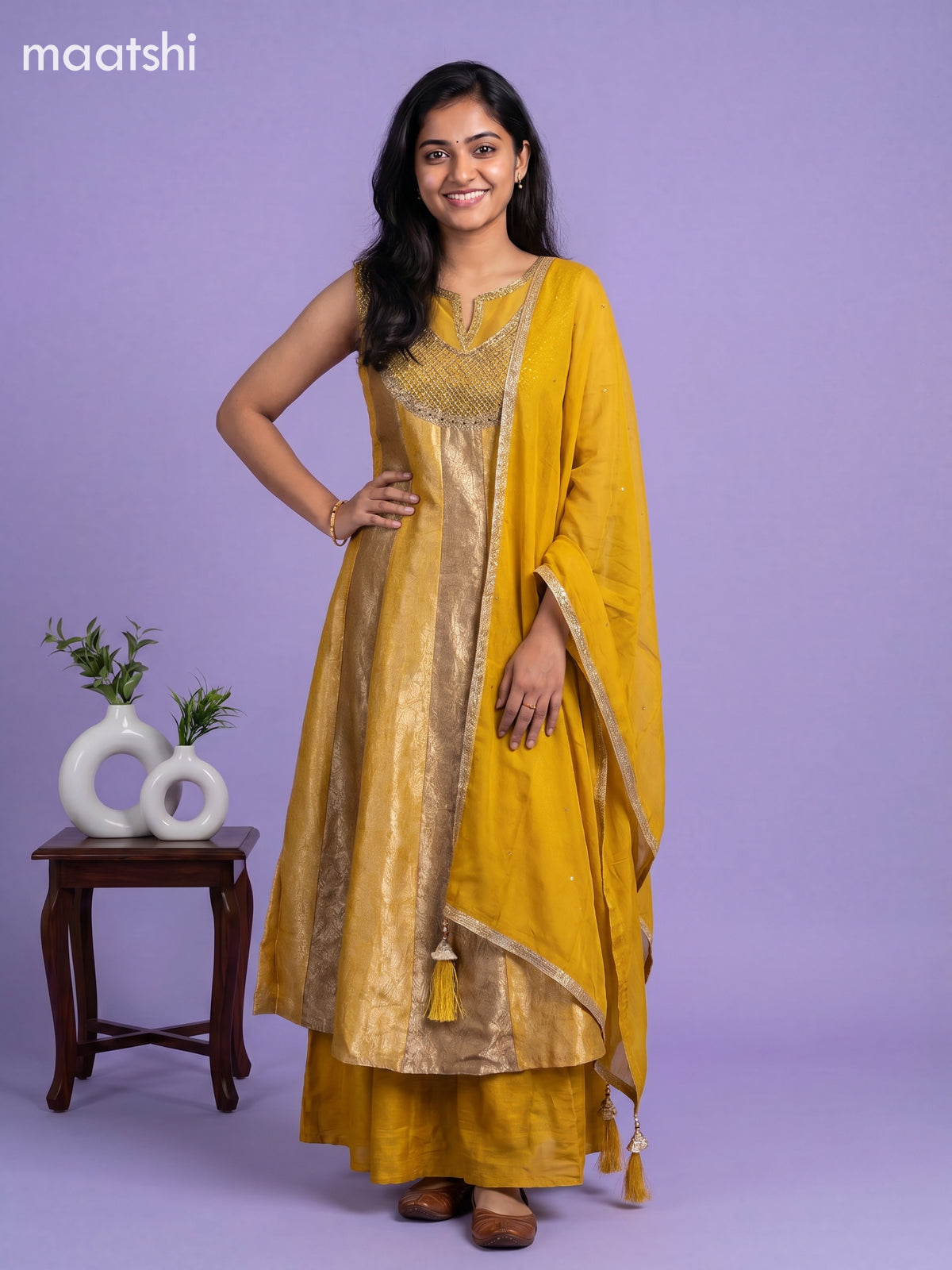 Mustard Yellow Art Tussar Allover Banarasi Style & Embroidery Work Anarkali Suit