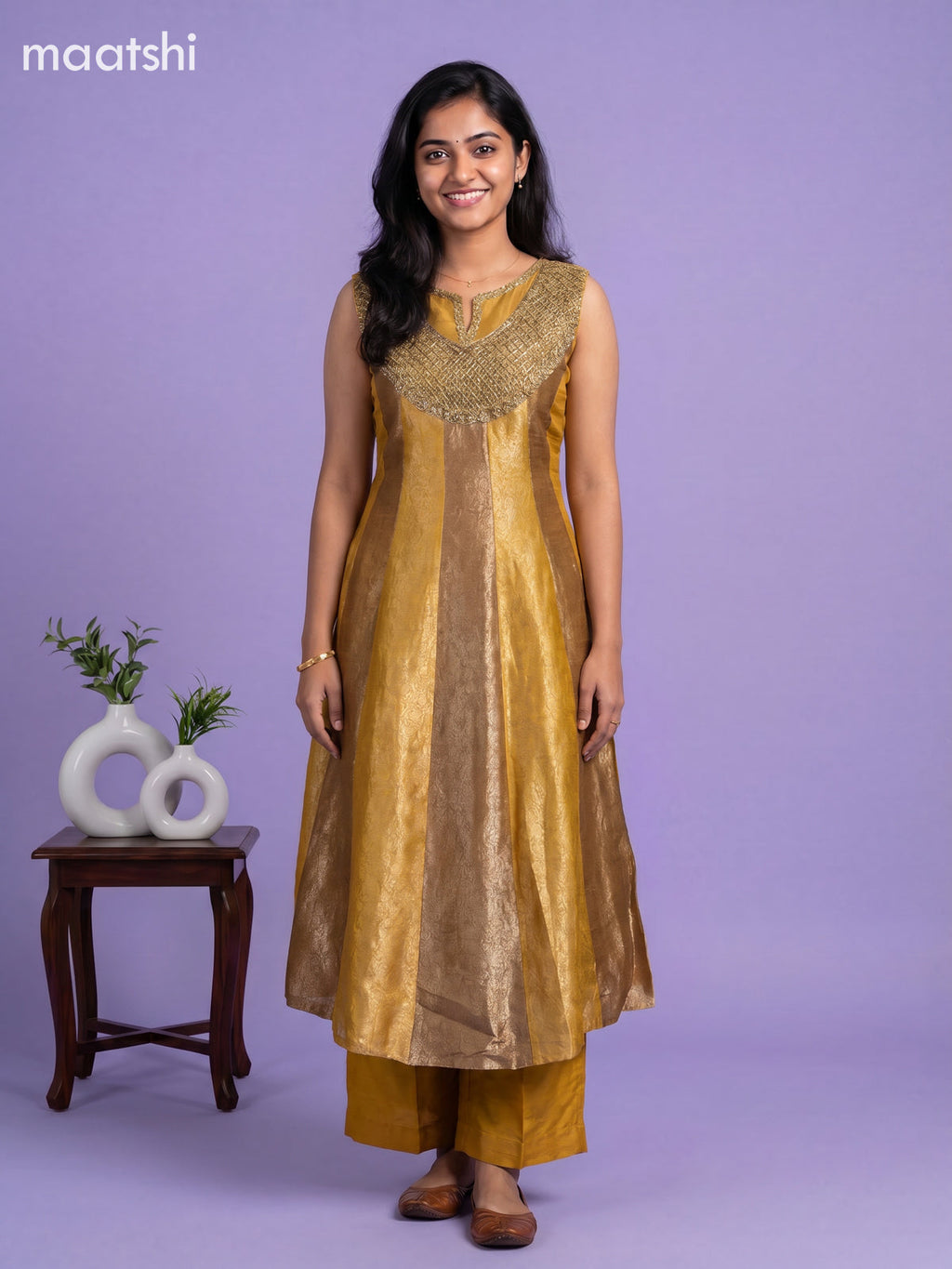 Mustard Yellow Art Tussar Allover Banarasi Style & Embroidery Work Anarkali Suit