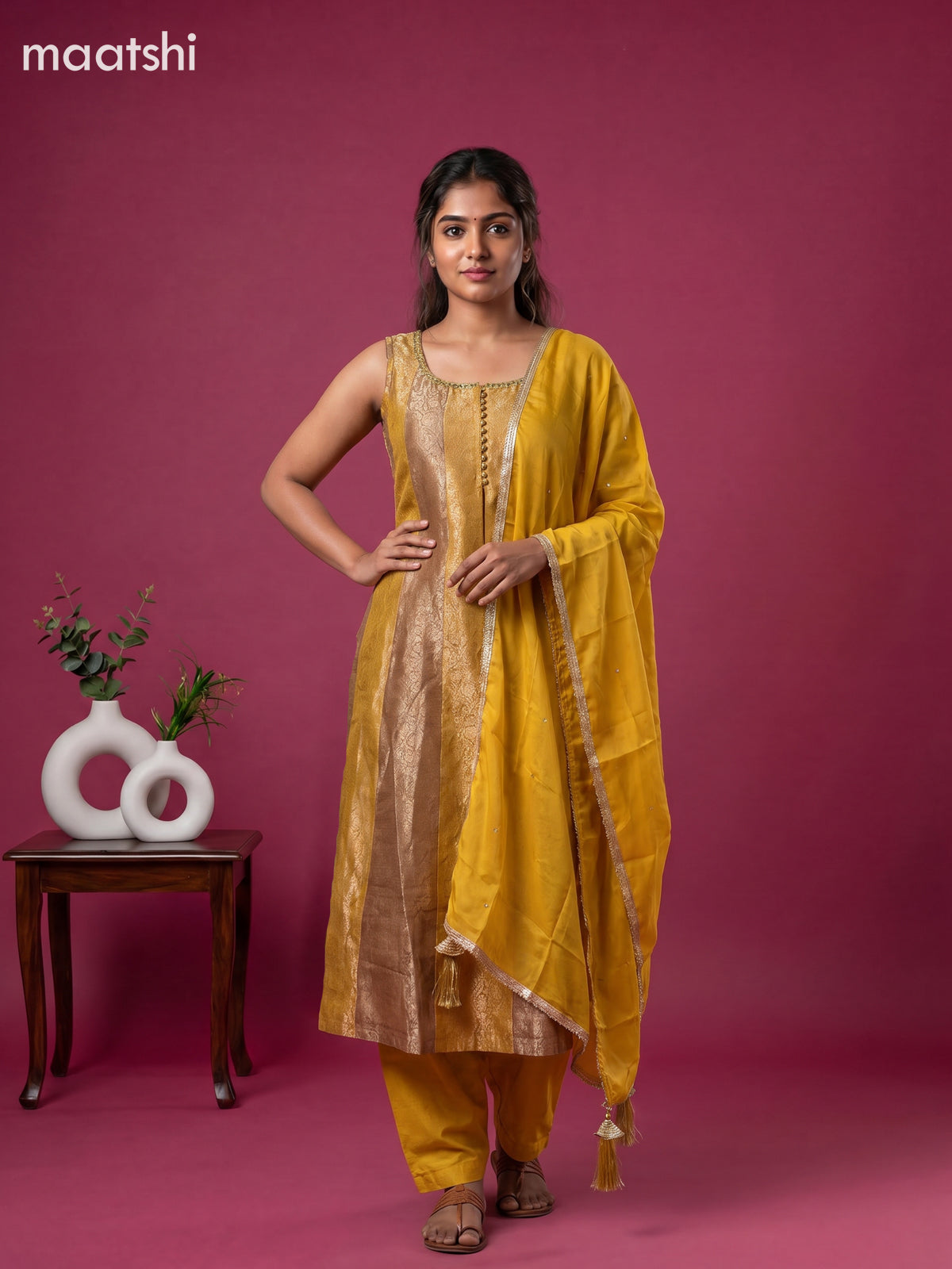 Mustard Yellow Art Tussar Allover Banarasi Style & Embroidery Work Anarkali Suit