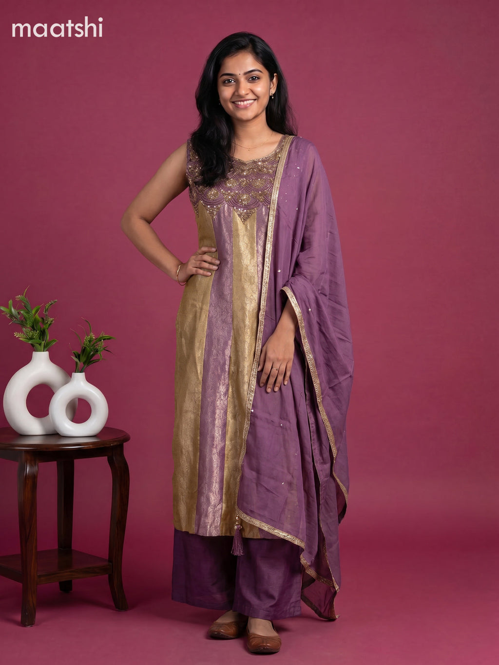 Pastel Purple and Mustard Green Art Tussar Allover Banarasi Style & Embroidery Work Anarkali Suit