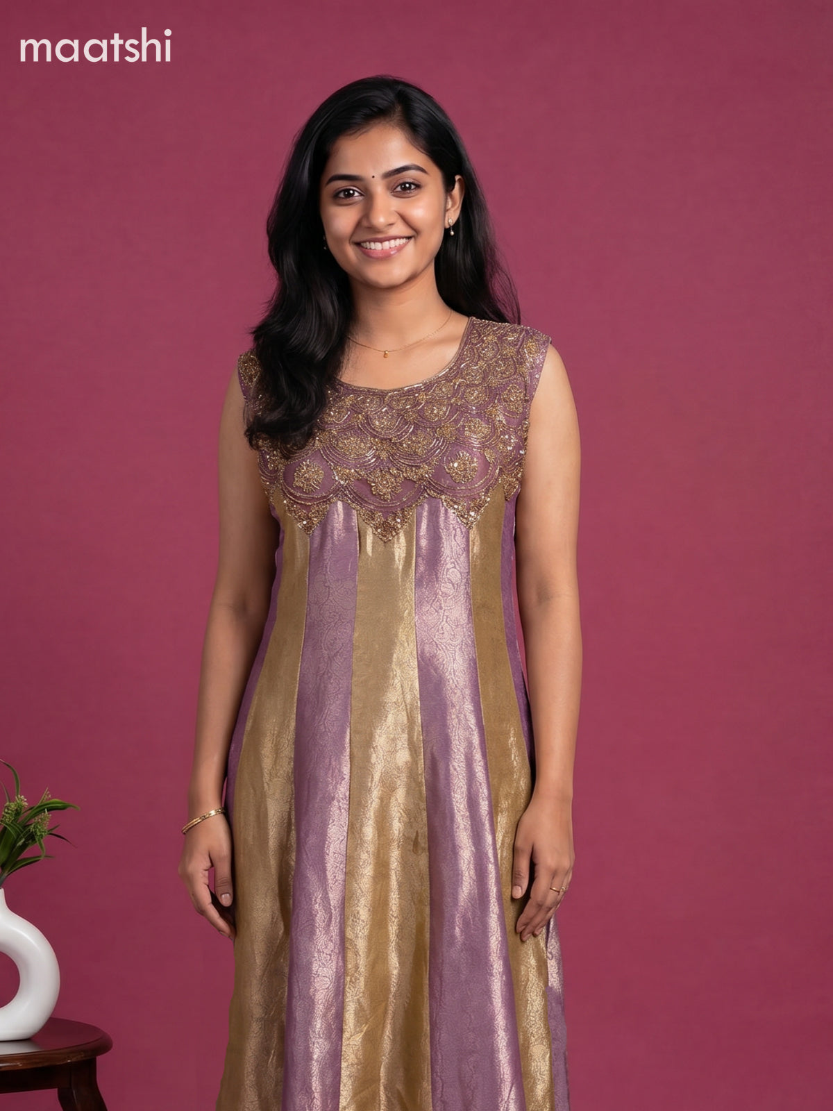 Pastel Purple and Mustard Green Art Tussar Allover Banarasi Style & Embroidery Work Anarkali Suit