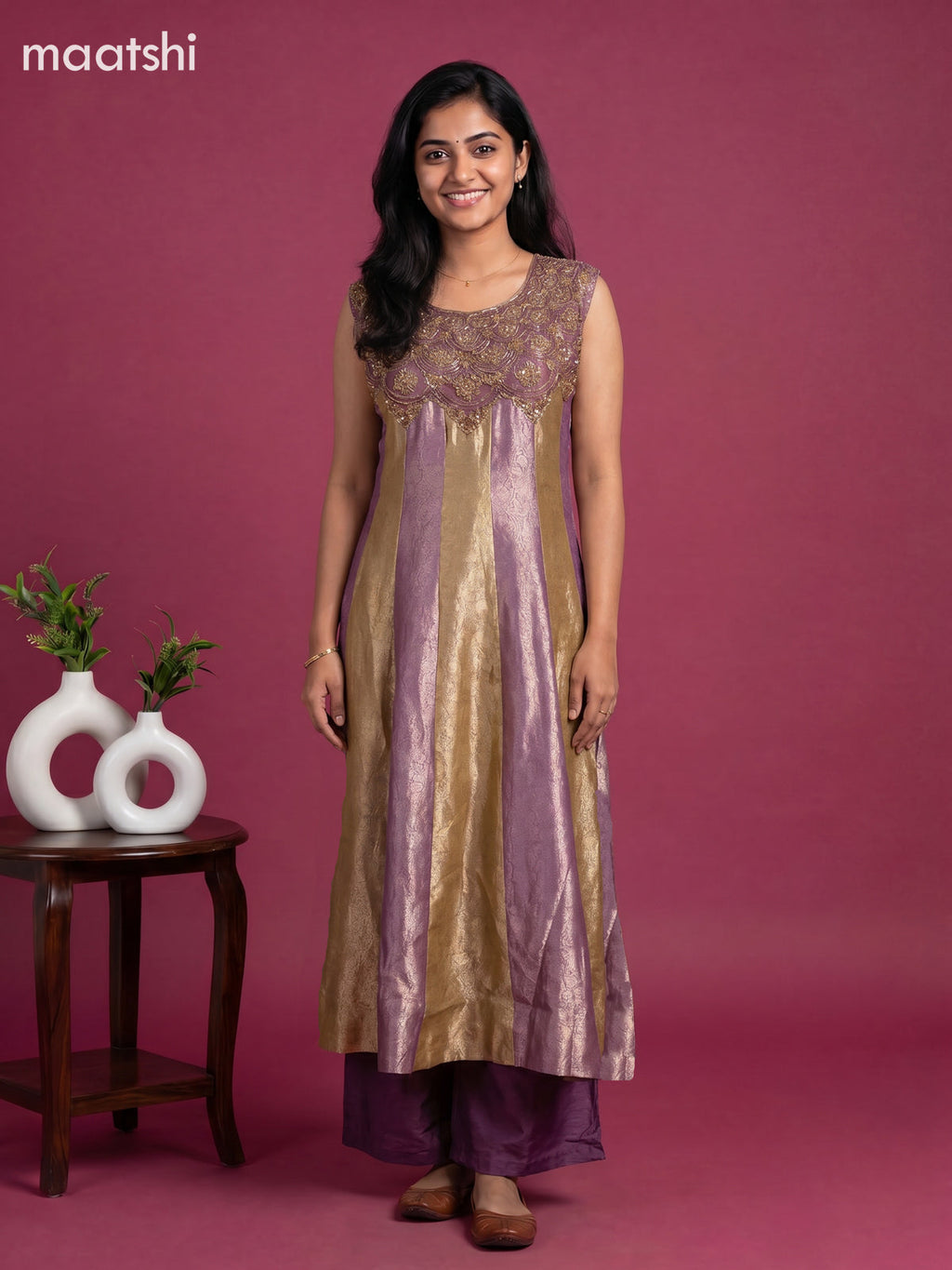 Pastel Purple and Mustard Green Art Tussar Allover Banarasi Style & Embroidery Work Anarkali Suit