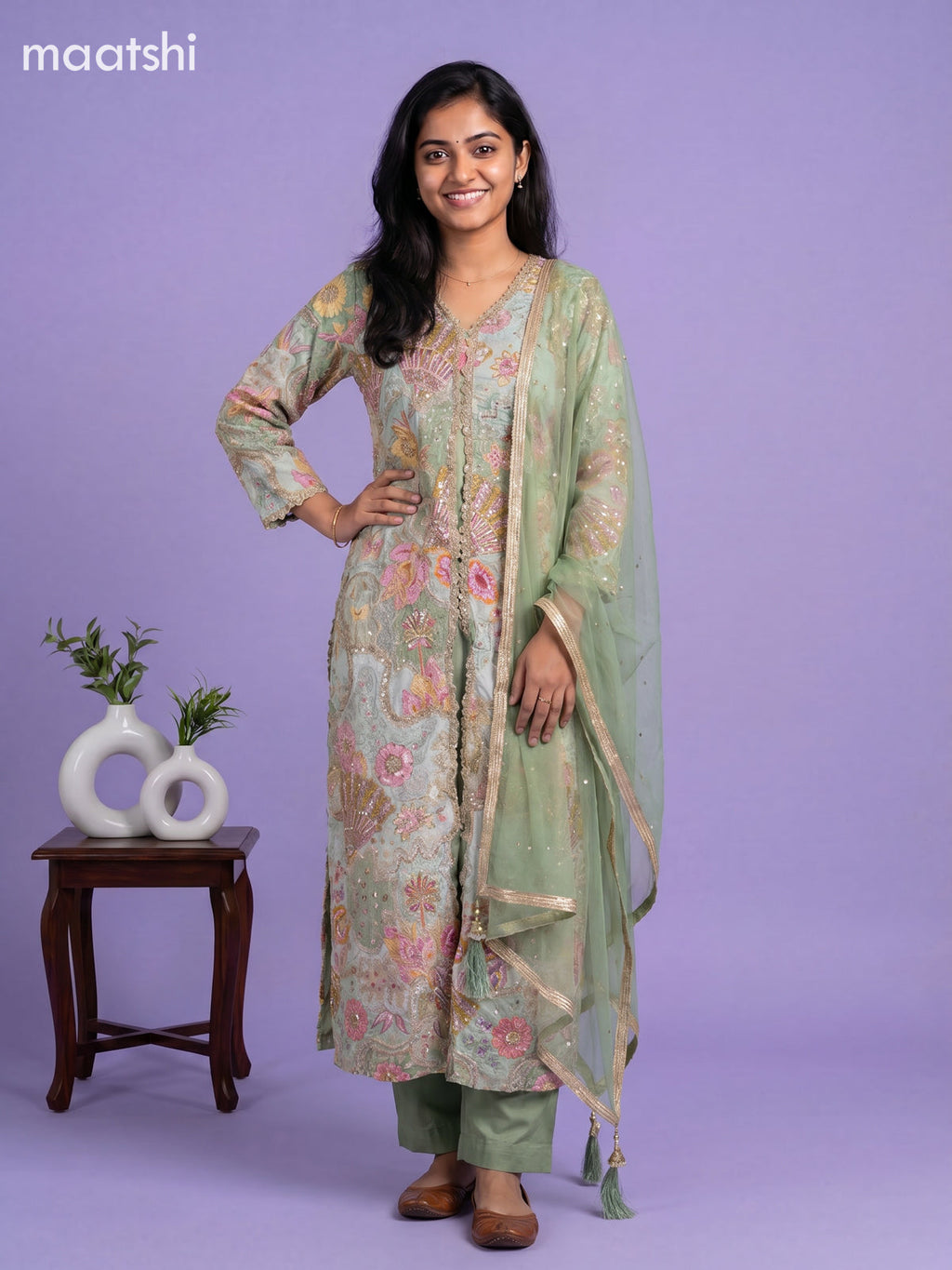 Pastel Green Crepe Silk Embroidery Work Anarkali Suit