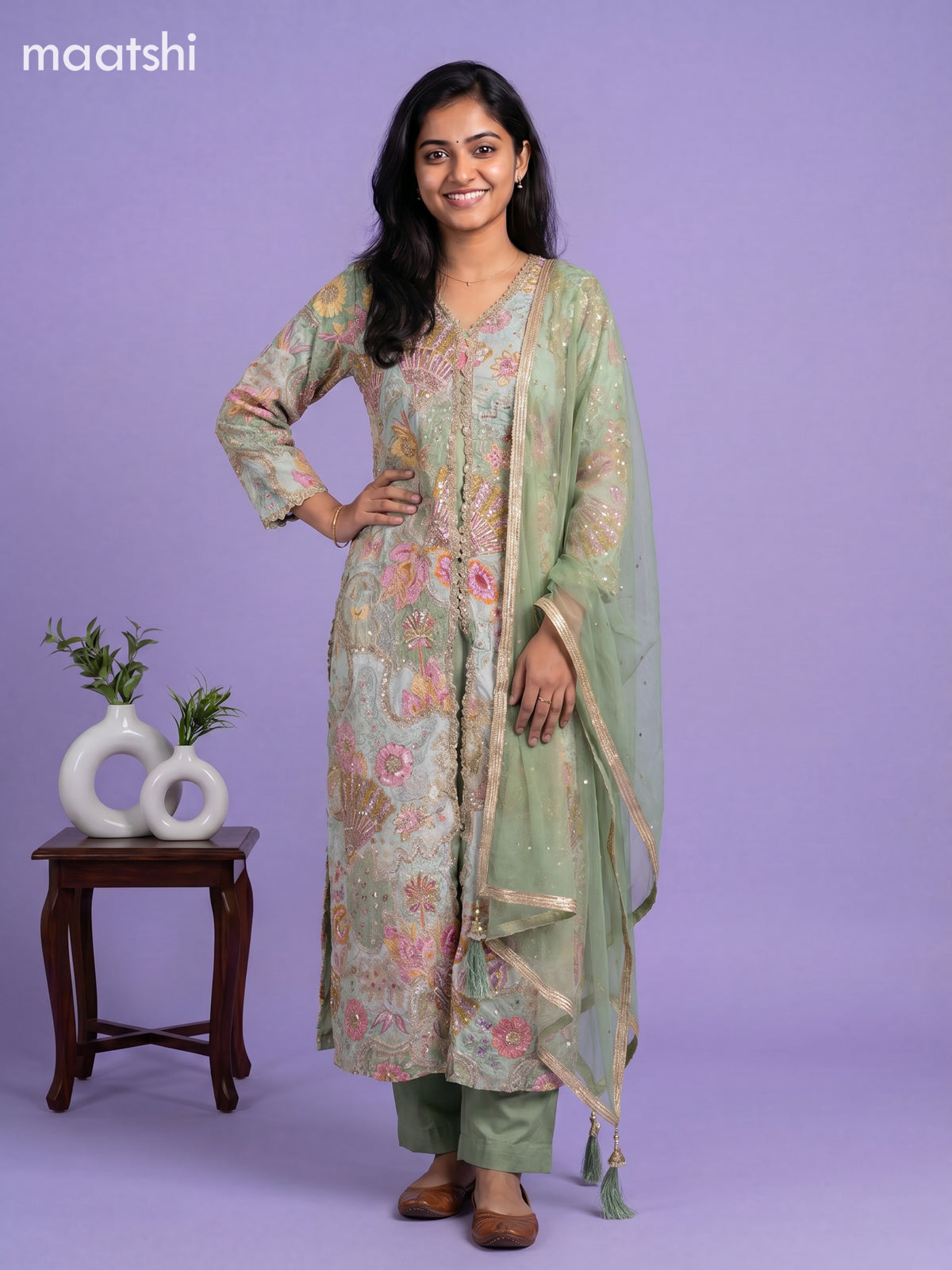Pastel Green Crepe Silk Embroidery Work Anarkali Suit