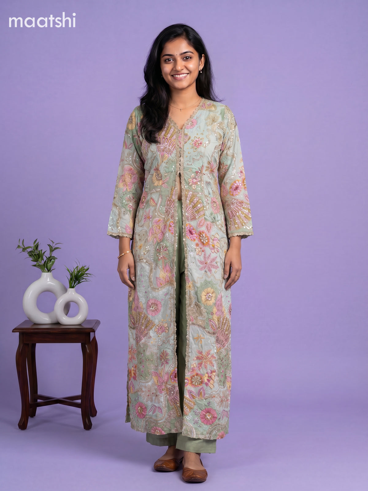 Pastel Green Crepe Silk Embroidery Work Anarkali Suit