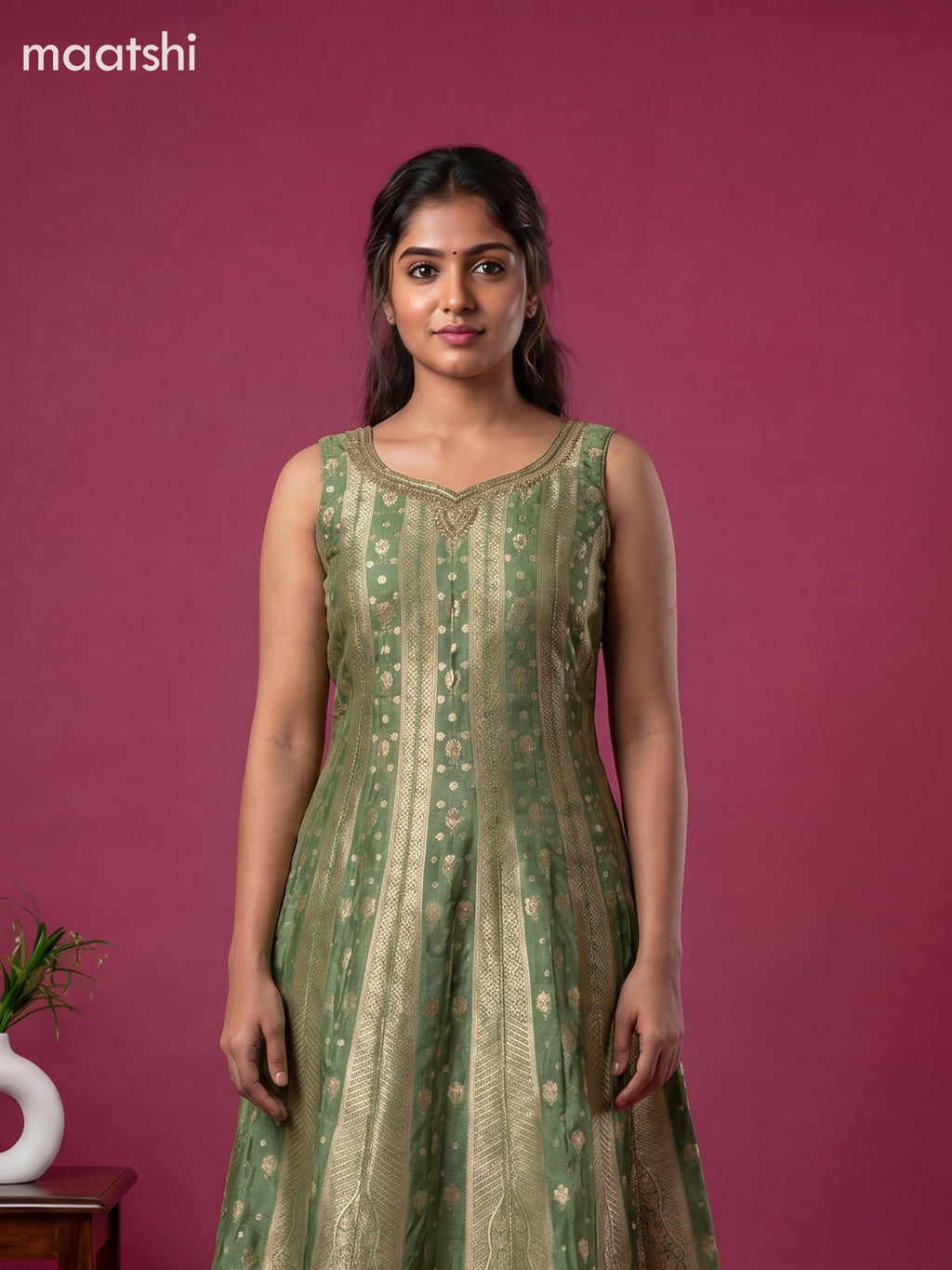 Green Art Tussar Dress With Allover Banarasi Style & Embroidery Work Anarkali Suit