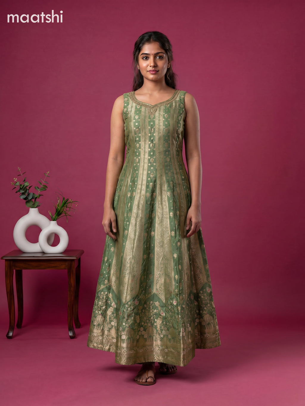 Green Art Tussar Dress With Allover Banarasi Style & Embroidery Work Anarkali Suit