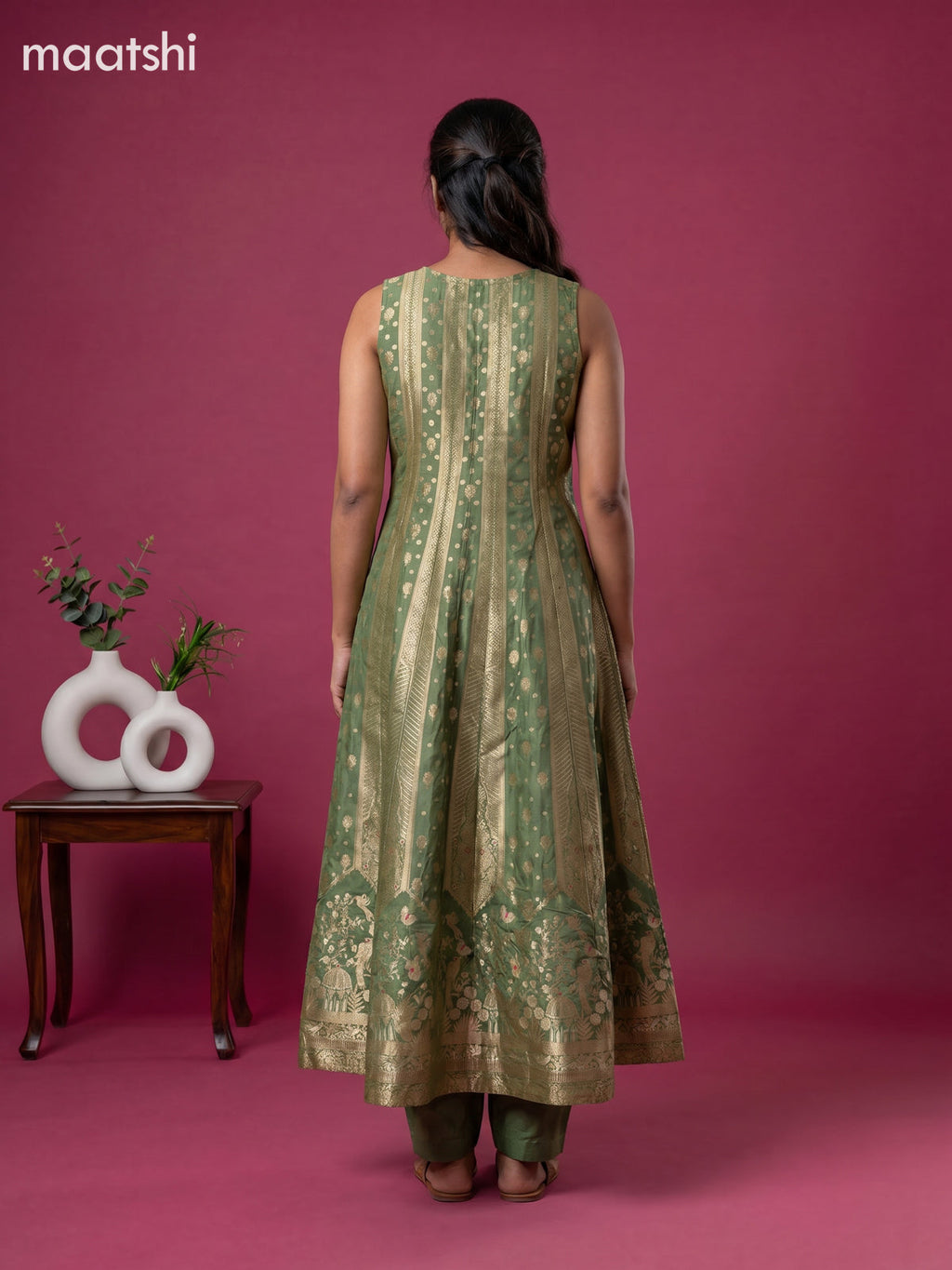 Green Art Tussar Dress With Allover Banarasi Style & Embroidery Work Anarkali Suit