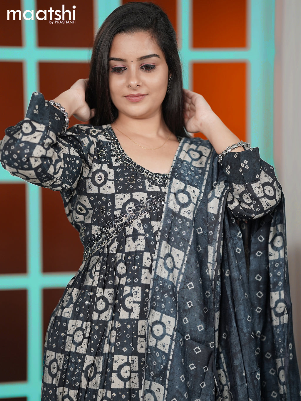 Modal readymade alia cut suit dark navy blue and  with batik prints & mirror work neck pattern and straight cut pant & printed dupatta