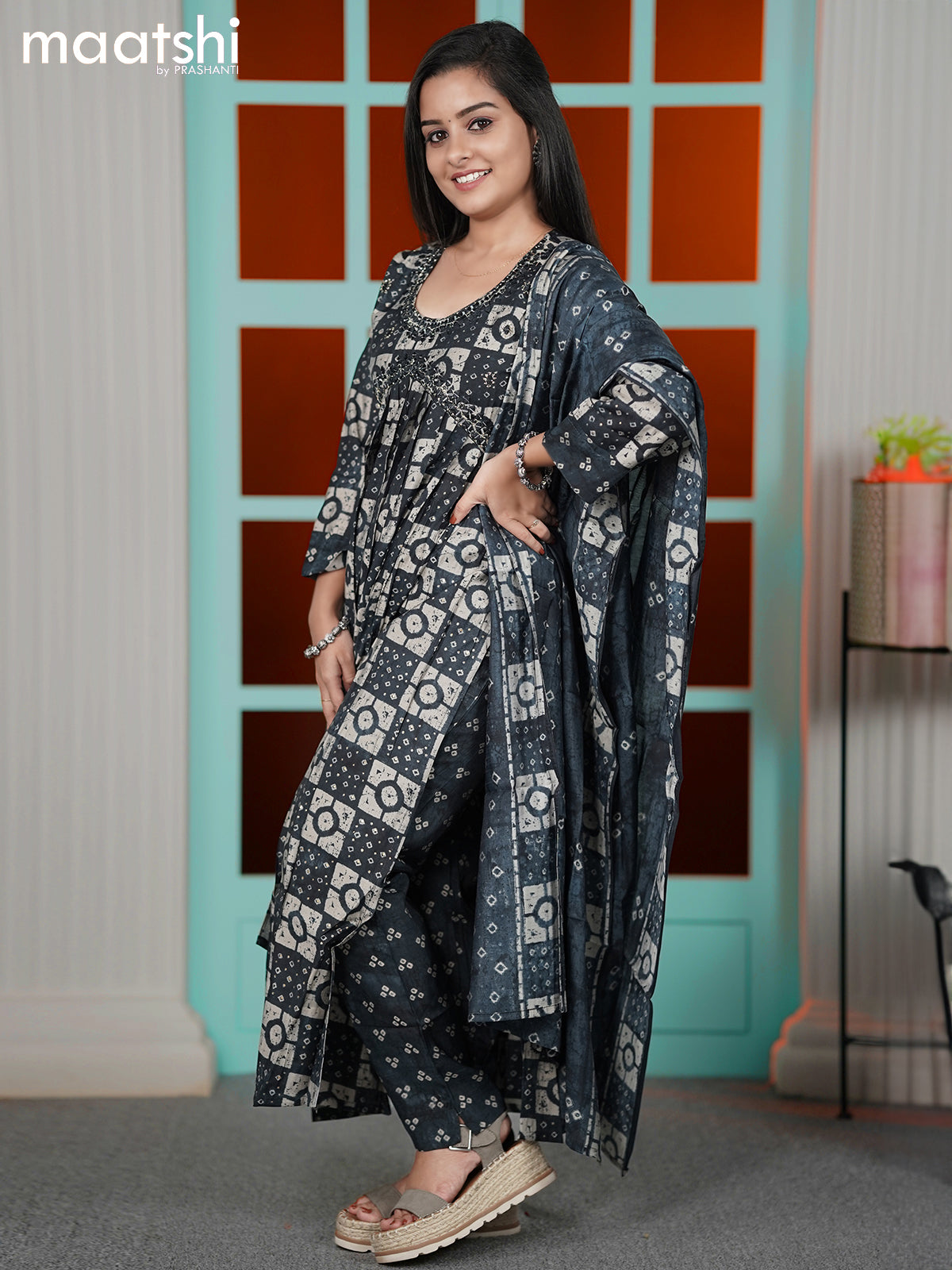 Modal readymade alia cut suit dark navy blue and  with batik prints & mirror work neck pattern and straight cut pant & printed dupatta