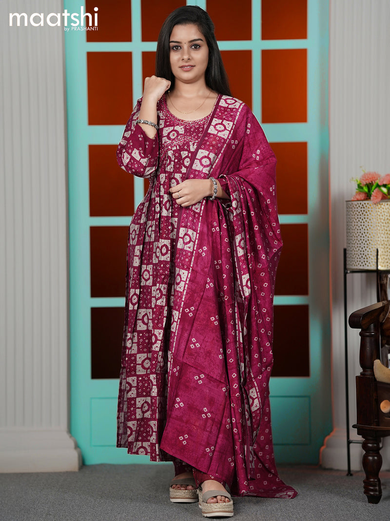 Modal raedymade alia cut suits dark pink and  with batik prints & mirror work neck pattern and straight cut pant & printed dupatta
