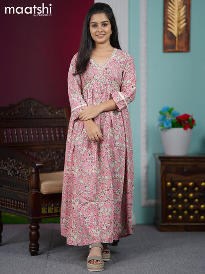 Cotton readymade alia cut kurti pink and  with floral prints & embroidery work neck design  without pant