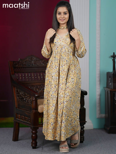 Cotton readymade alia cut kurti mustard and with floral prints & embroidery work neck design  without pant