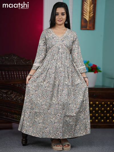 Cotton readymade alia cut kurti grey and  with floral prints & embroidery work neck design  without pant