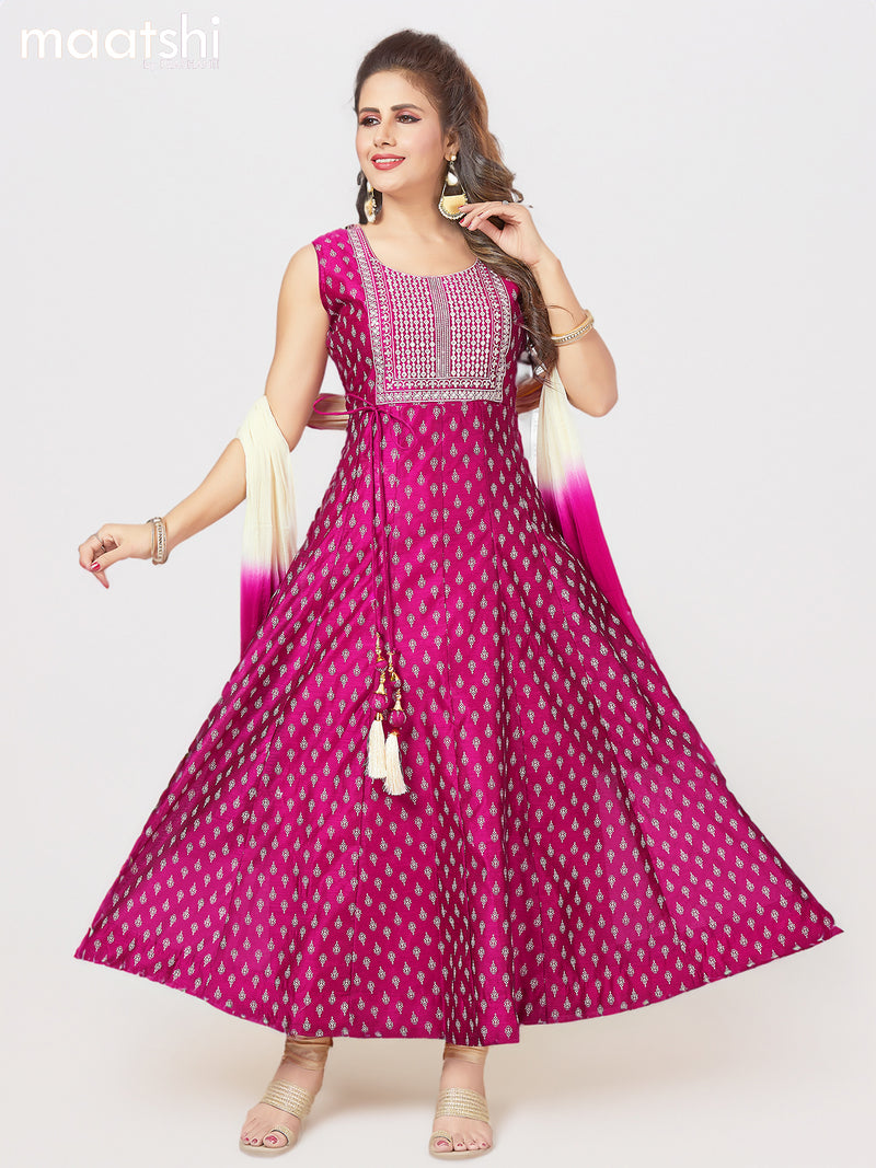 Chanderi readymade anarkali suits pink and sandal with butta prints & embroidery sequin work neck pattern and straight cut pant & chiffon dupatta
