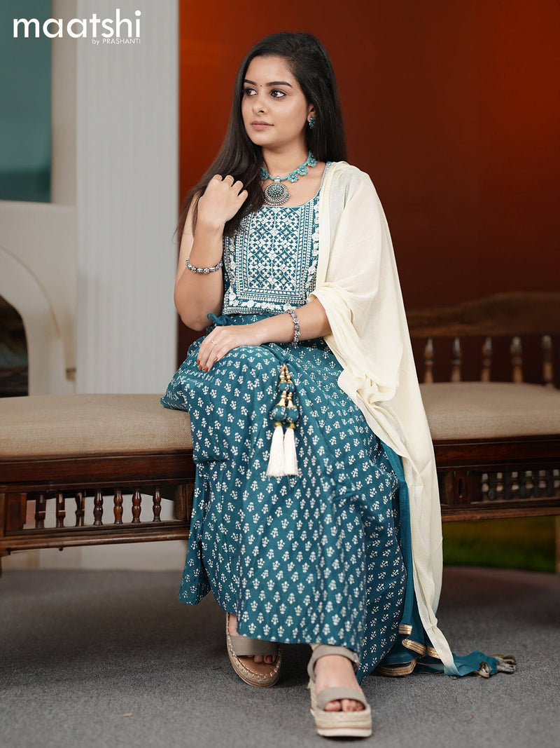 Chanderi readymade anarkali suits cs blue and sandal with butta prints & embroidery sequin work neck pattern and straight cut pant & chiffon dupatta