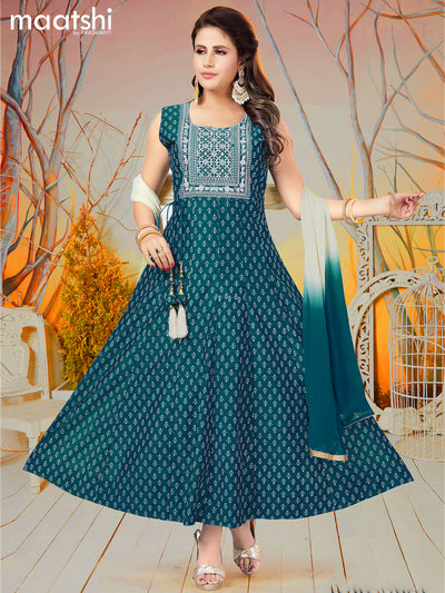 Chanderi readymade anarkali suits cs blue and sandal with butta prints & embroidery sequin work neck pattern and straight cut pant & chiffon dupatta