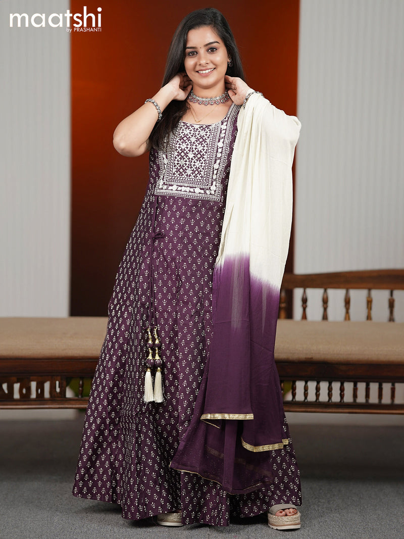 Chanderi readymade anarkali suits purple and sandal with butta prints & embroidery sequin work neck pattern and straight cut pant & chiffon dupatta