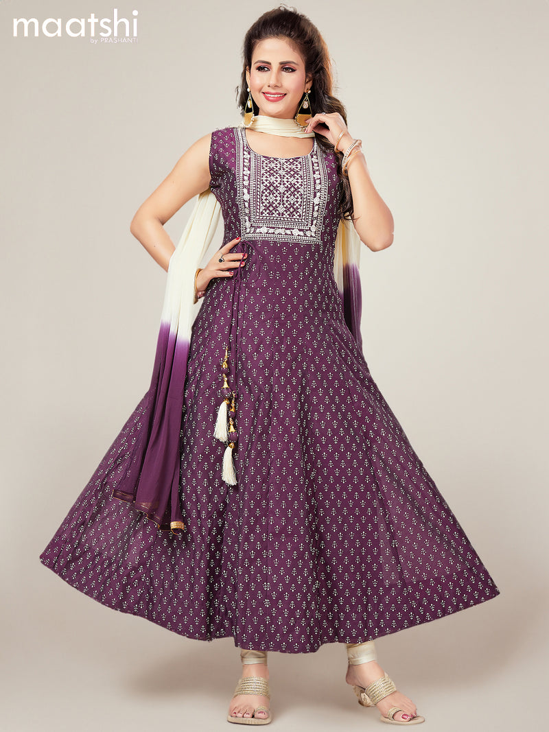 Chanderi readymade anarkali suits purple and sandal with butta prints & embroidery sequin work neck pattern and straight cut pant & chiffon dupatta