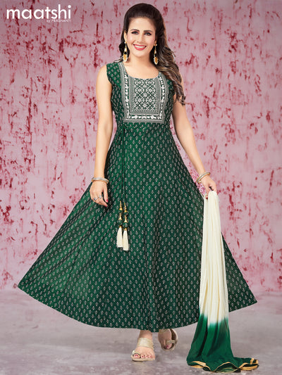Chanderi readymade anarkali suits dark green and sandal with butta prints & embroidery sequin work neck pattern and straight cut pant & chiffon dupatta