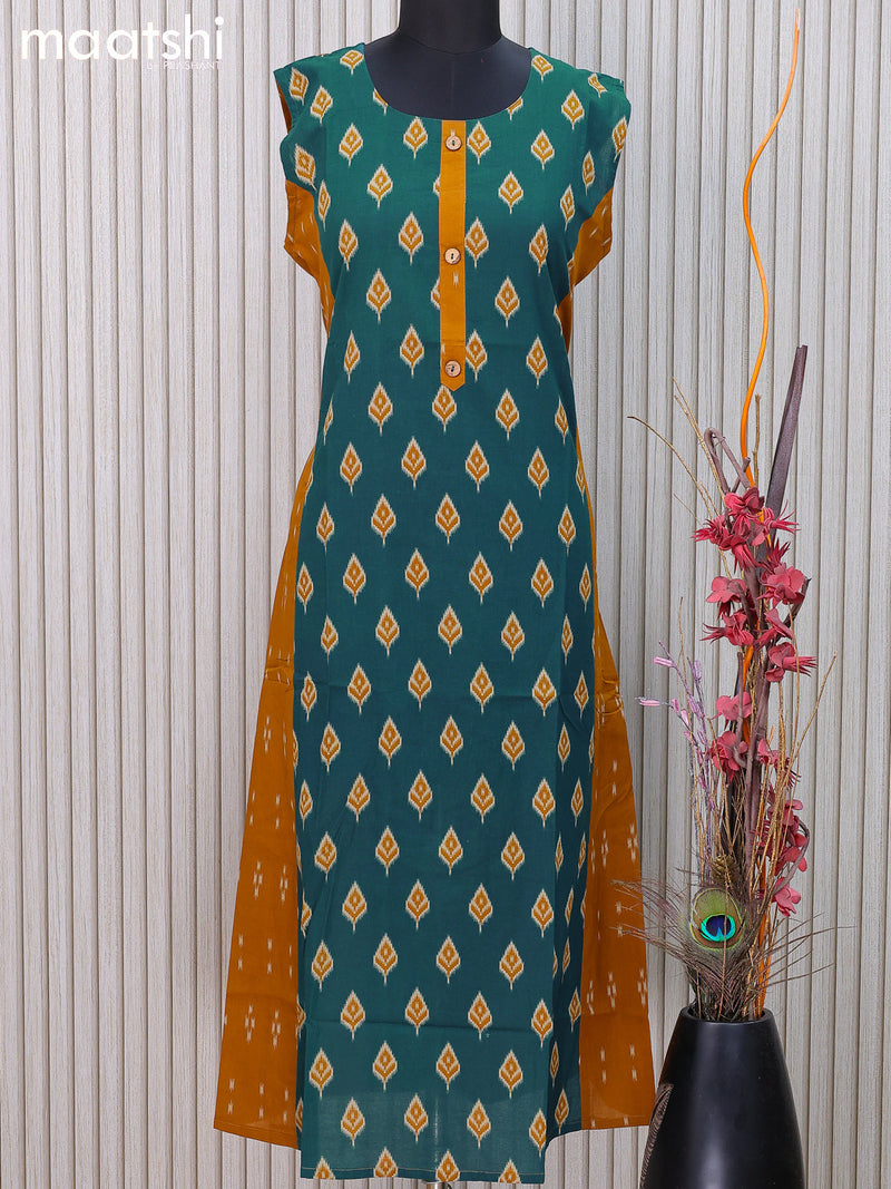 Cotton readymade kurti peacock green and  with ikat butta prints without pant