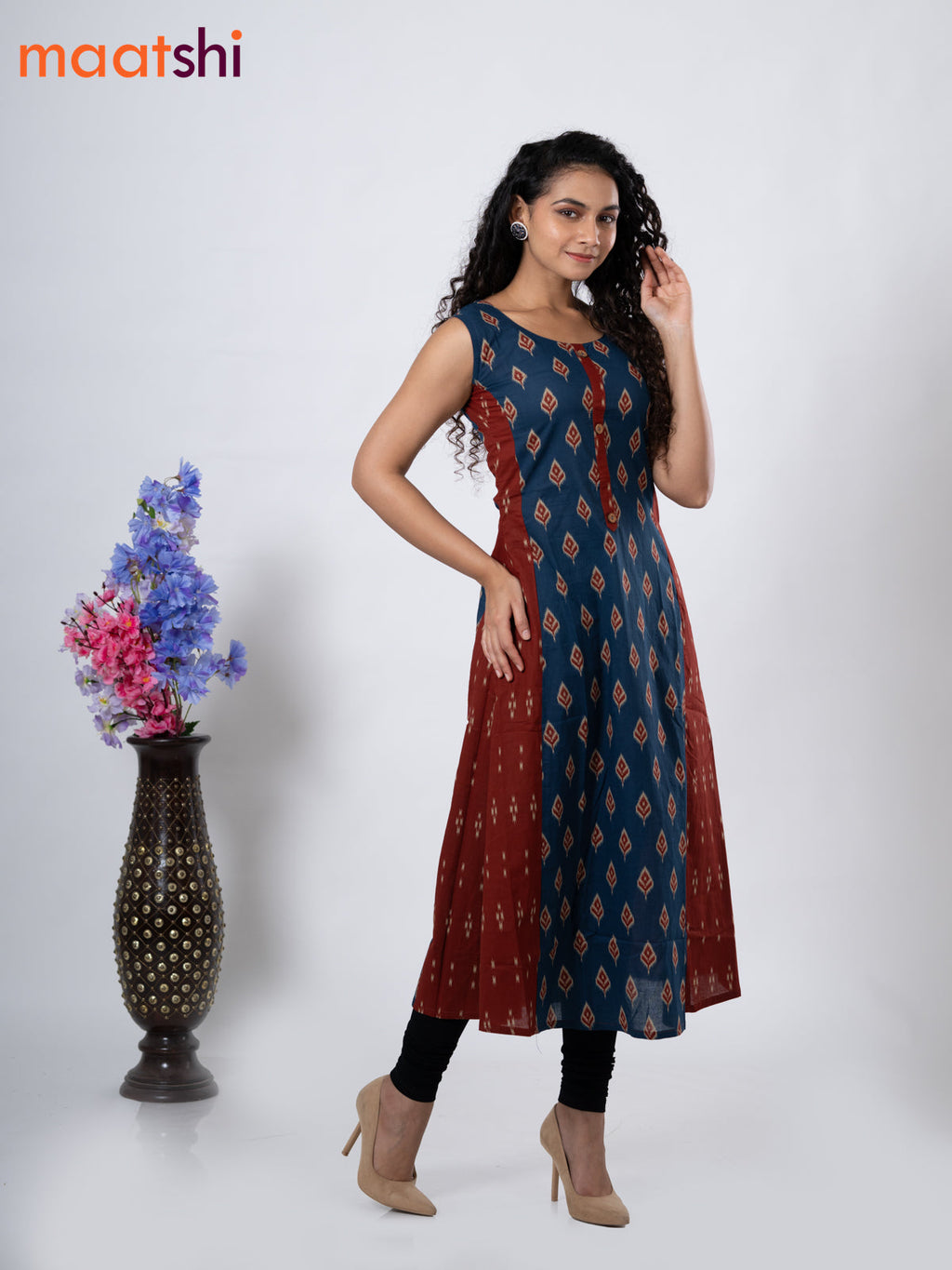 Cotton anarkali kurti blue and with ikat butta prints without pant