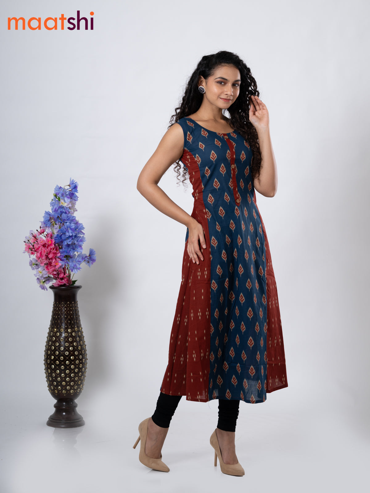 Cotton anarkali kurti blue and with ikat butta prints without pant