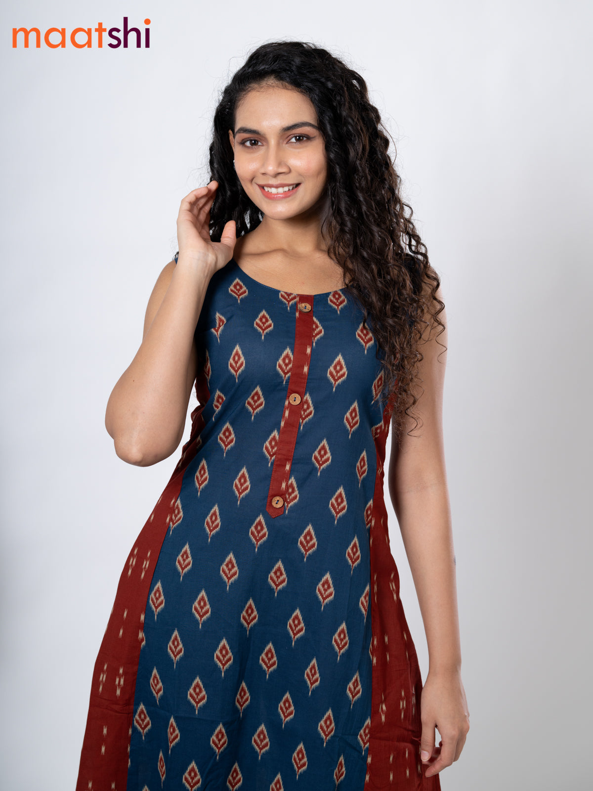 Cotton anarkali kurti blue and with ikat butta prints without pant