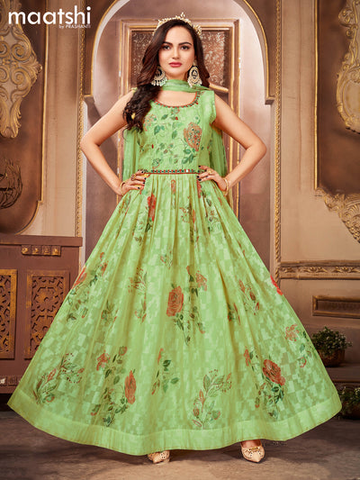 Chiffon readymade anarkali suits light green and  with floral design embroidery & zardosi neck pattern and straight cut pant & netted dupatta