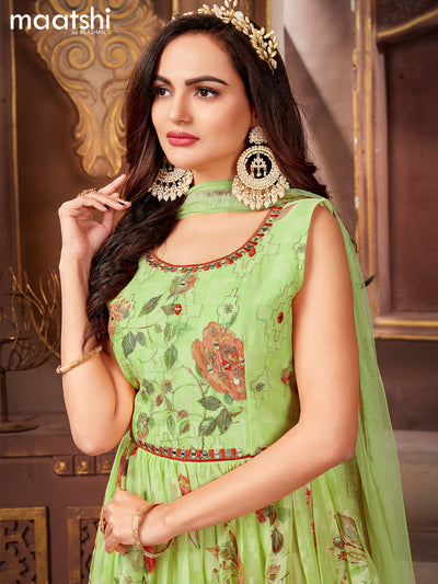 Chiffon readymade anarkali suits light green and  with floral design embroidery & zardosi neck pattern and straight cut pant & netted dupatta