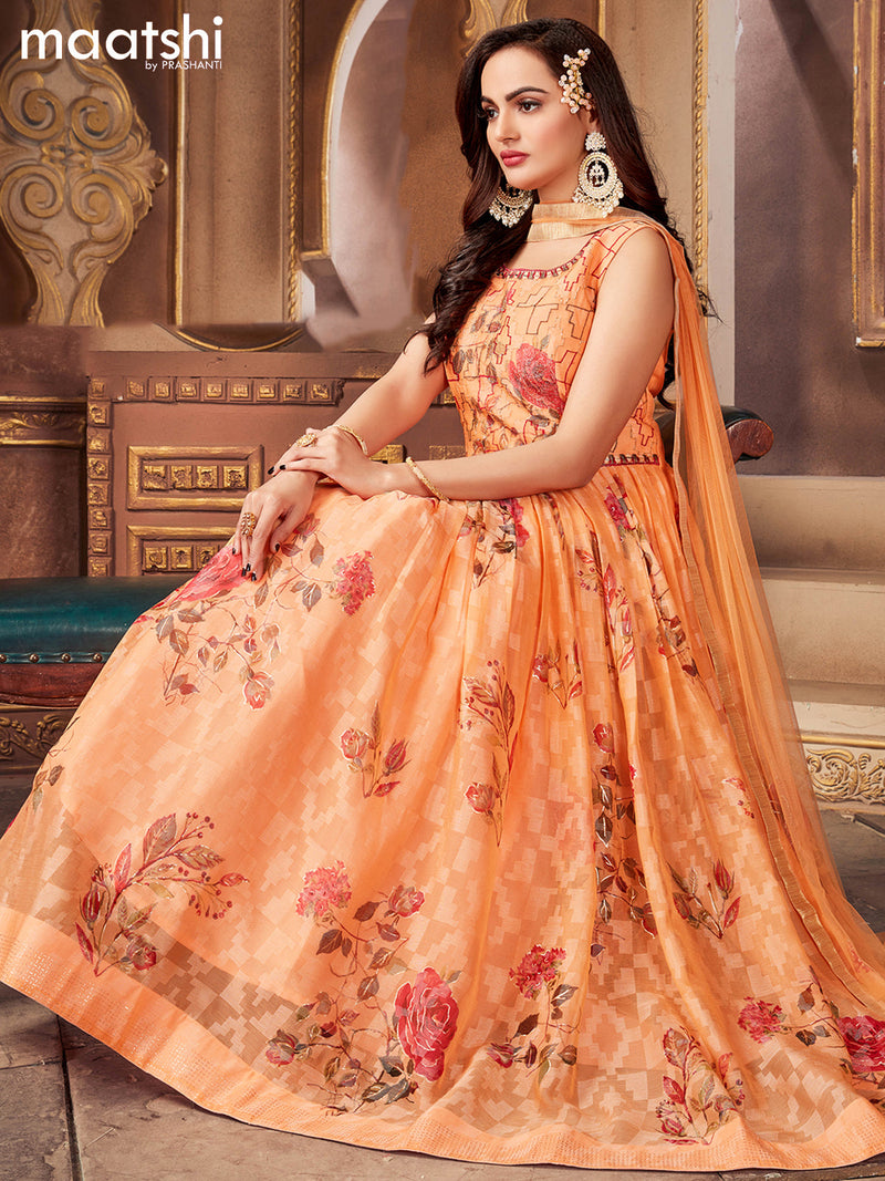 Chiffon readymade anarkali suits pale orange and  with floral design embroidery & mirror work neck pattern and straight cut pant & netted dupatta