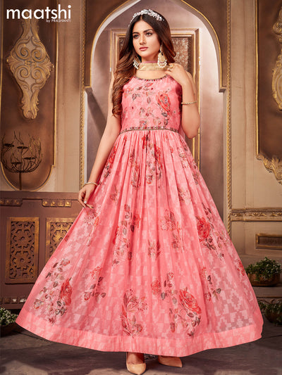 Chiffon readymade anarkali suits light pink and  with floral design embroidery & zardosi neck pattern and straight cut pant & netted dupatta