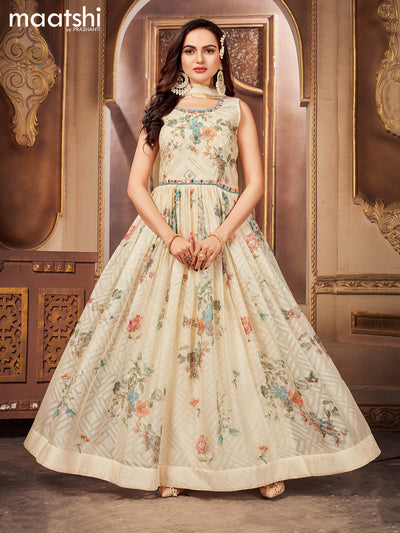 Chiffon readymade anarkali suits cream and  with floral design embroidery & zardosi neck pattern and straight cut pant & netted dupatta