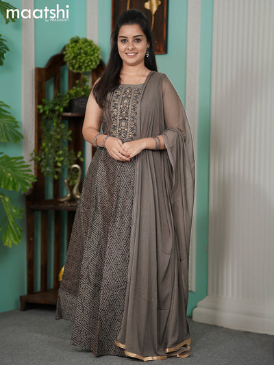 Chanderi readymade anarkali suits grey shade and  with allover geometric prints & embroidery work neck pattern and straight cut pant & chiffon dupatta