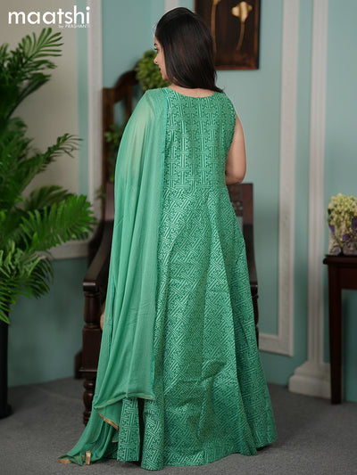 Chanderi readymade anarkali suits green shade and  with allover geometric prints & embroidery work neck pattern and straight cut pant & chiffon dupatta