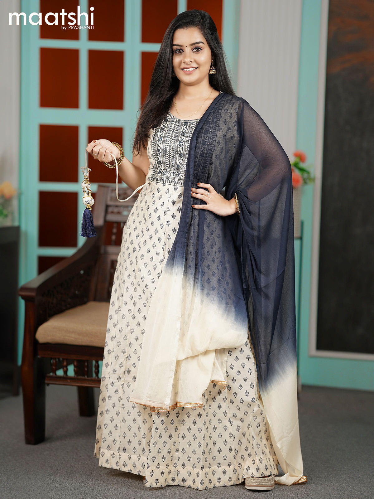 Chanderi readymade anarkali suits sandal and navy blue with allover butta prints & embroidery sequin work neck pattern and straight cut pant & chiffon dupatta