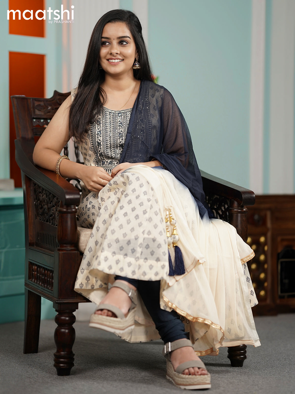 Chanderi readymade anarkali suits sandal and navy blue with allover butta prints & embroidery sequin work neck pattern and straight cut pant & chiffon dupatta
