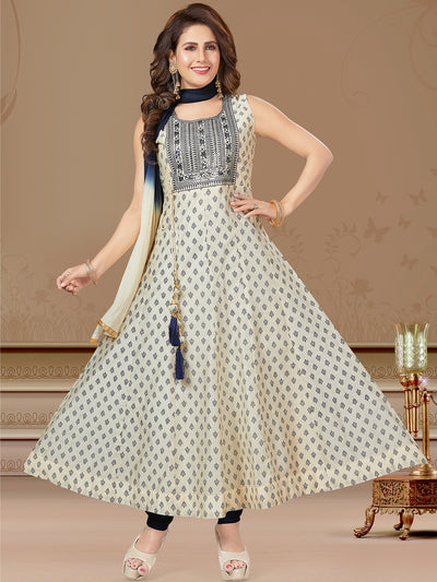 Chanderi readymade anarkali suits sandal and navy blue with allover butta prints & embroidery sequin work neck pattern and straight cut pant & chiffon dupatta