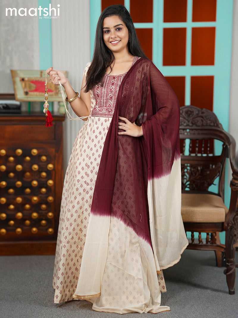 Chanderi readymade anarkali suits sandal and maroon with allover butta prints & embroidery sequin work neck pattern and straight cut pant & chiffon dupatta