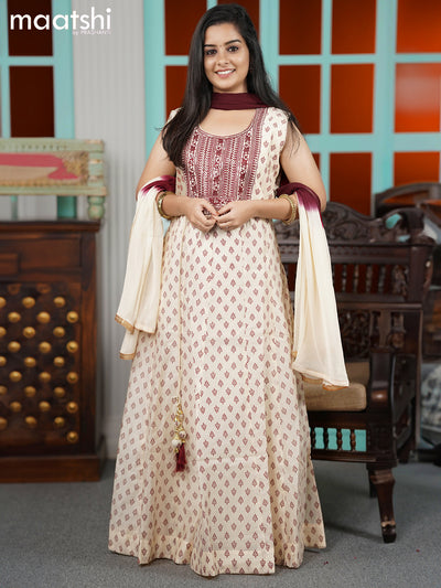 Chanderi readymade anarkali suits sandal and maroon with allover butta prints & embroidery sequin work neck pattern and straight cut pant & chiffon dupatta