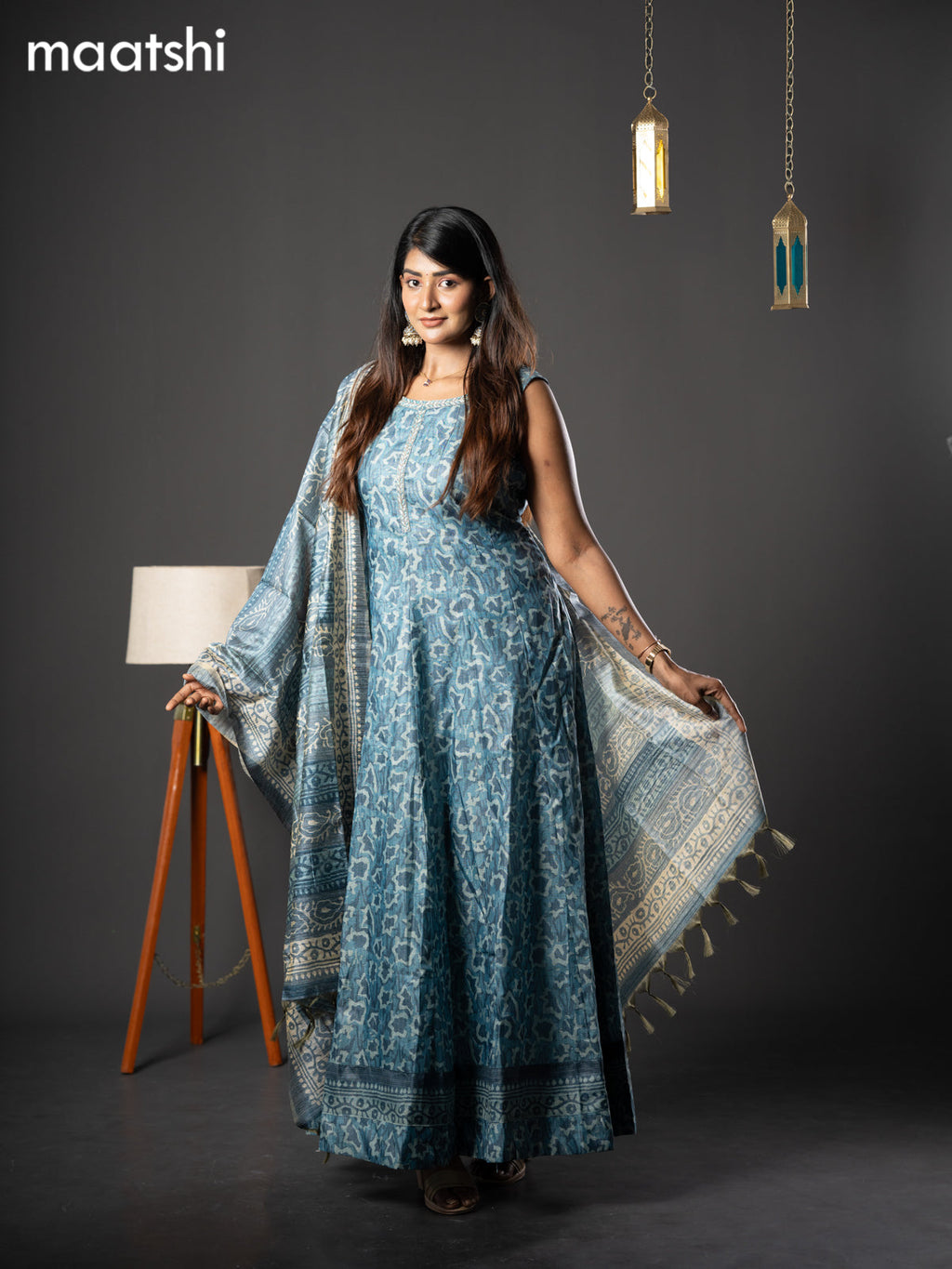 Chanderi readymade anarkali suit blue shade and  with allover prints & simple embroidery neck design and straight cut pant & dupatta